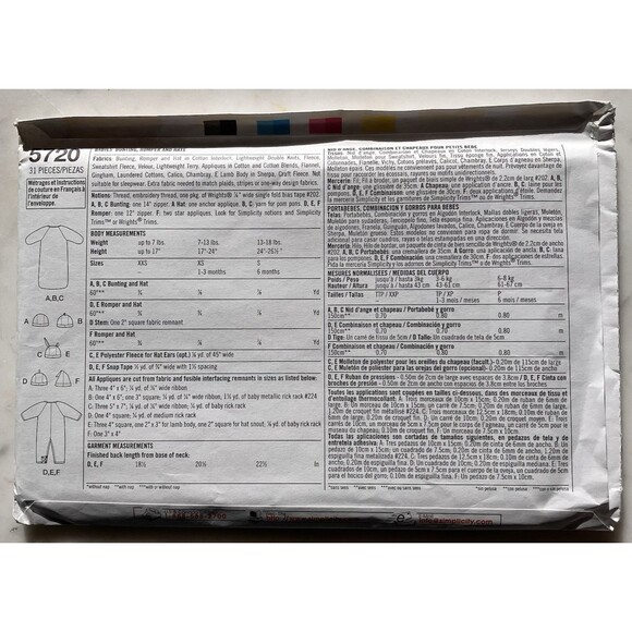 Simplicity Pattern 5720 Baby Bunting One Piece Romper & Hats Uncut New Sleeper - Picture 2 of 4